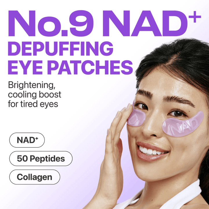 Kobieta z numbuzen No.9 NAD+ Collagen Eye Patches pod oczami – chłodzący i ujędrniający efekt dla zmęczonych oczu.