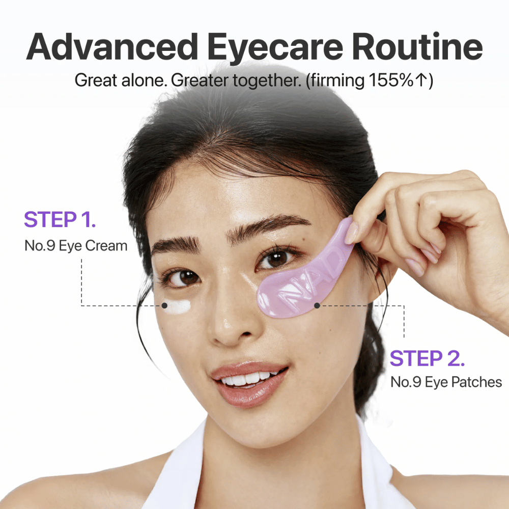Aplikacja numbuzen No.9 NAD+ Collagen Eye Patch krok po kroku w rutynie pielęgnacji oczu dla jędrniejszej i bardziej promiennej skóry.
