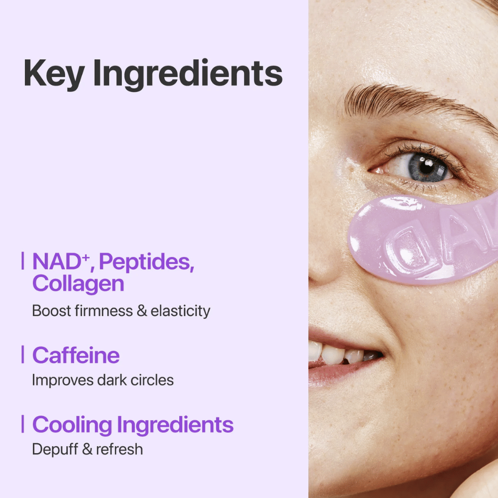 Zbliżenie na numbuzen No.9 NAD+ Collagen Eye Patch – zawiera NAD+, kolagen i peptydy, które wzmacniają i nawilżają skórę pod oczami.