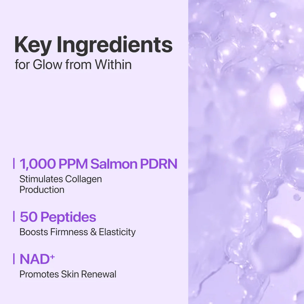 Tekst i tło pokazują kluczowe składniki: 1000 ppm Salmon PDRN, 50 Peptides i NAD+, które wzmacniają, nawilżają i odnawiają skórę.