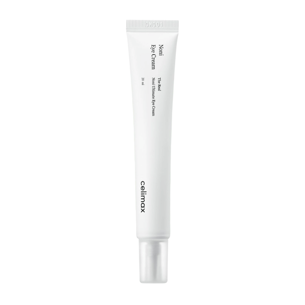 Noni Eye Cream w białej tubce z przezroczystą nakrętką. Produkt pochodzi od marki Celimax i zawiera 20 ml. Tekst na tubce wskazuje, że jest to odżywczy krem pod oczy.