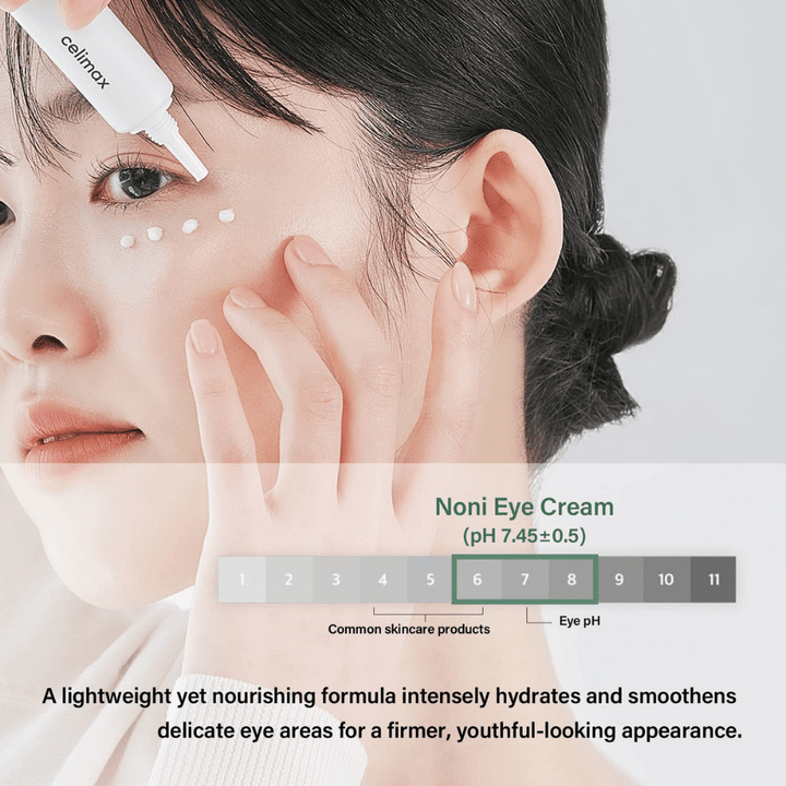 En kvinna applicerar Noni Eye Cream under ögonen. Produkten är förpackad i en vit tub och placeras som små prickar runt ögonområdet. Texten under bilden beskriver att krämen är lätt men näringsrik, intensifierar hudens återfuktning och ger ett fastare, ungdomligare utseende. pH-värdet på produkten (7,45±0,5) visas också.