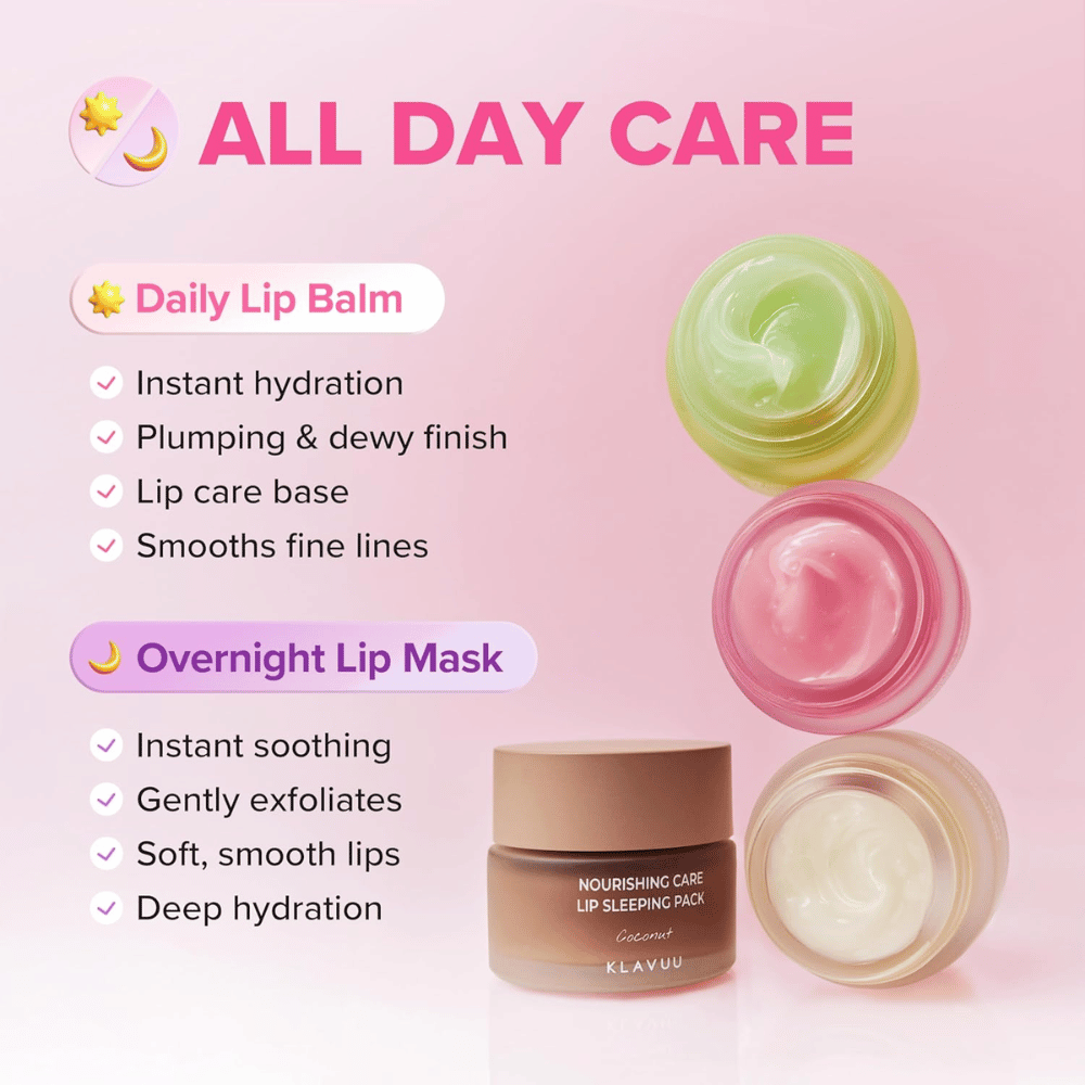 KLAVUU Nourishing Care Lip Sleeping Pack Coconut może być stosowany jako balsam do ust na dzień lub intensywna maska do ust na noc, aby zapewnić miękkie usta.