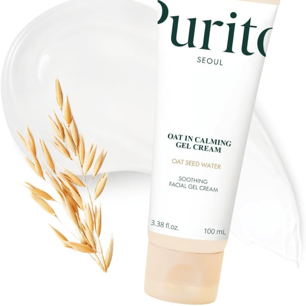 Purito Oat-In Calming Gel Cream z owsem i kremową strukturą. Nawilżający krem-żel z wodą z nasion owsa dla miękkiej, zrównoważonej skóry.