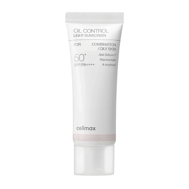 Celimax Oil Control Light Sunscreen SPF 50+ PA++++ zdjęcie produktu z naciskiem na formułę i składniki, takie jak niacynamid, dla kontroli sebum i bardziej wyrównanego kolorytu skóry
