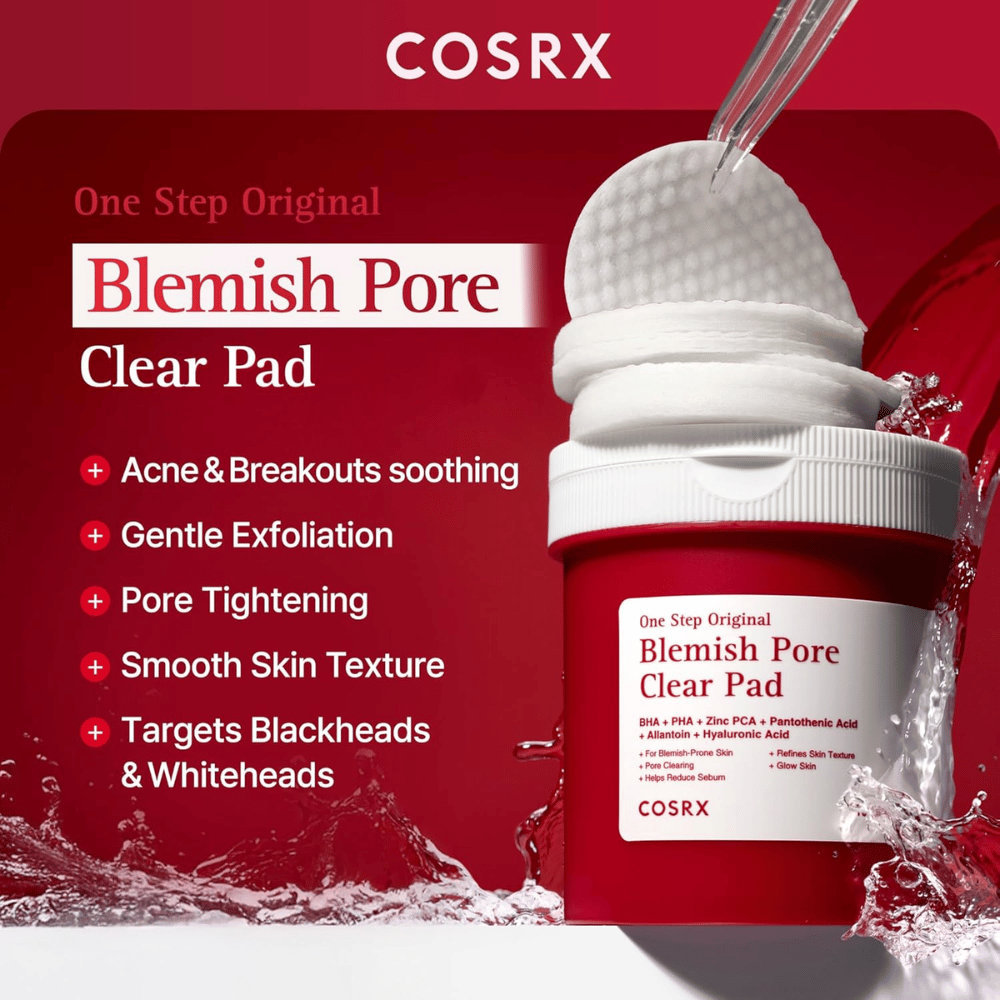 Zdjęcie produktowe COSRX One Step Original Blemish Pore Clear Pad z naciskiem na złuszczanie, zwężanie porów i pielęgnację skóry skłonnej do trądziku.
