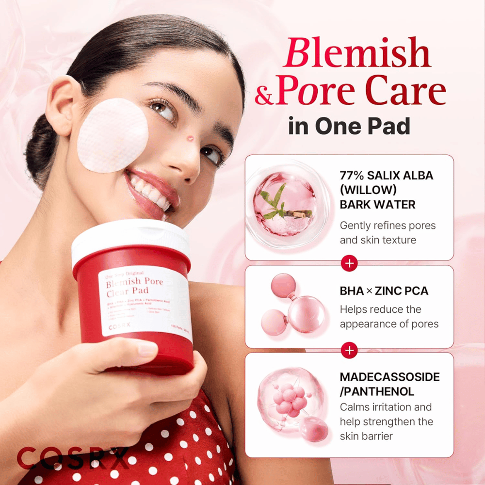 Zdjęcie produktowe z modelką i naciskiem na składniki dla COSRX One Step Original Blemish Pore Clear Pad z willow bark water, BHA, Zinc PCA i Madecassoside.
