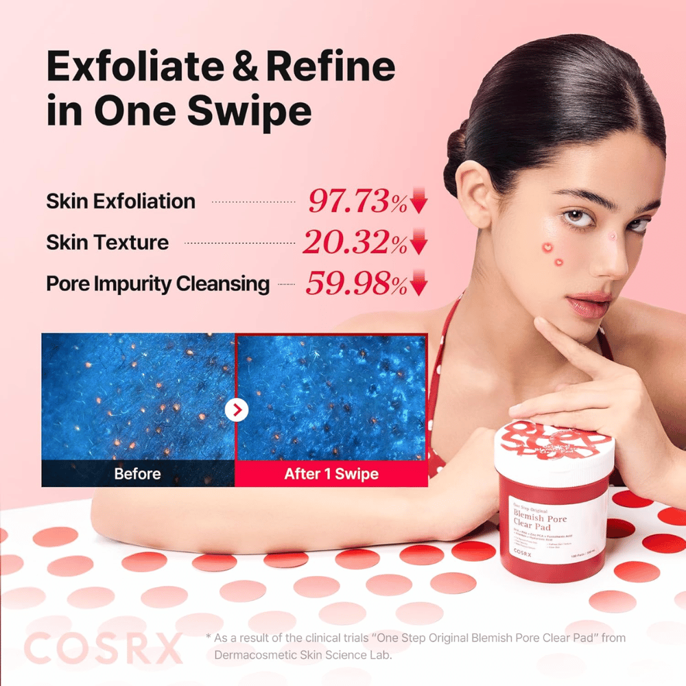 Grafika promocyjna dla COSRX One Step Original Blemish Pore Clear Pad, pokazująca efekt złuszczania i oczyszczenia porów już po jednym użyciu.