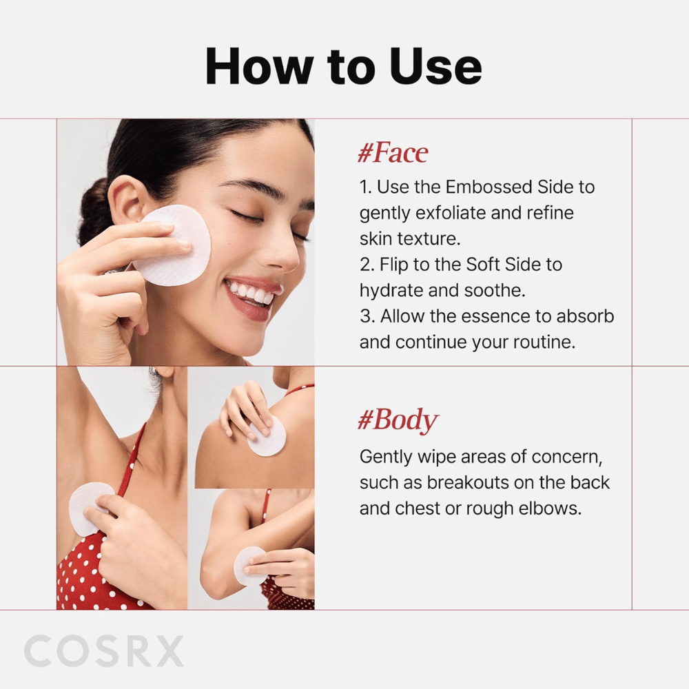 Grafika instruktażowa pokazująca, jak używać COSRX One Step Original Blemish Pore Clear Pad na twarzy i ciele do złuszczania i pielęgnacji.