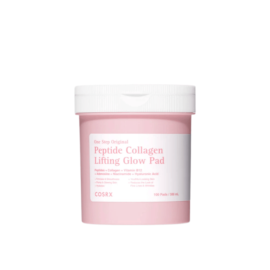 Wyizolowane zdjęcie produktu COSRX One Step Original Peptide Collagen Lifting Glow Pad w różowym opakowaniu na jasnym tle.