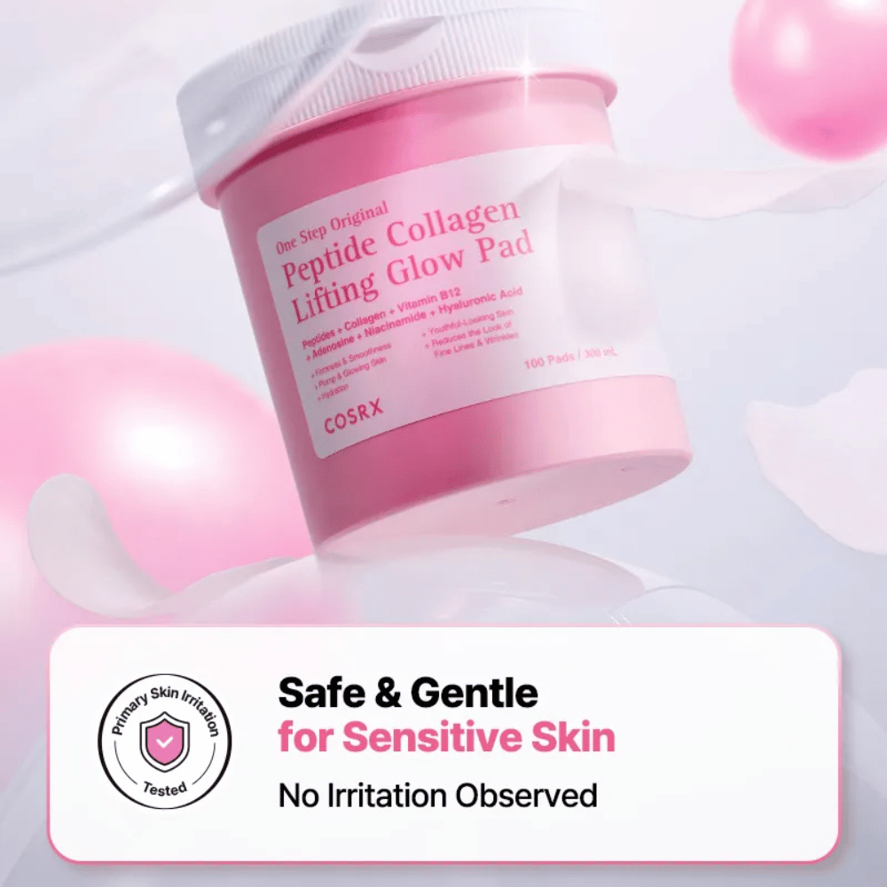 Zdjęcie produktu COSRX One Step Original Peptide Collagen Lifting Glow Pad z przekazem o delikatnej formule dla skóry wrażliwej i potwierdzonym niskim poziomie podrażnień.