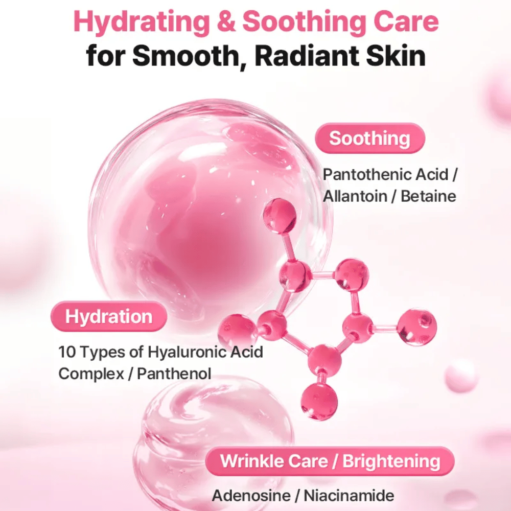 Poglądowa grafika składników dla COSRX Peptide Collagen Lifting Glow Pad, z naciskiem na nawilżenie, działanie kojące oraz składniki rozświetlające, takie jak kwas hialuronowy, niacynamid i pantenol.