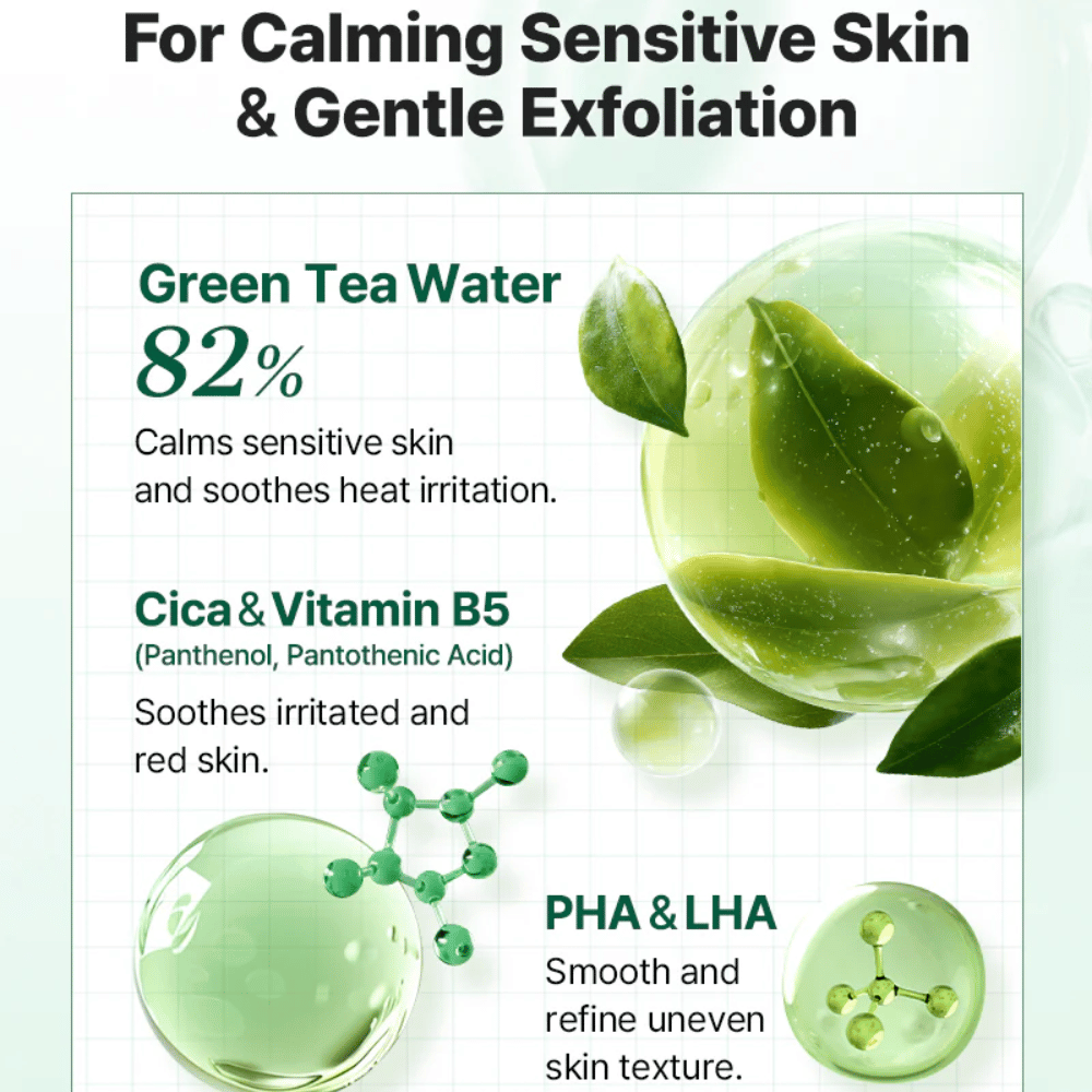 Grafika informacyjna dla COSRX One Step Original Clear Skin Calming Pad z wodą z zielonej herbaty, Cica, witaminą B5 oraz delikatnym złuszczaniem za pomocą PHA i LHA.