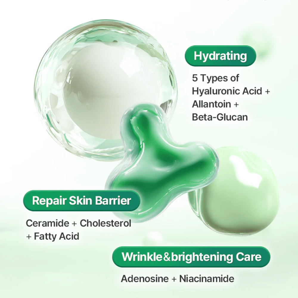 Grafika poglądowa przedstawiająca składniki i korzyści dla skóry w COSRX One Step Original Clear Skin Calming Pad, w tym kwas hialuronowy, ceramidy i niacynamid.