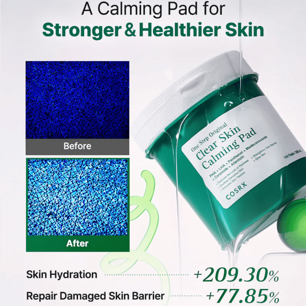 Grafika promocyjna dla COSRX One Step Original Clear Skin Calming Pad, pokazująca poprawione nawilżenie i wzmocnioną barierę skórną po użyciu.