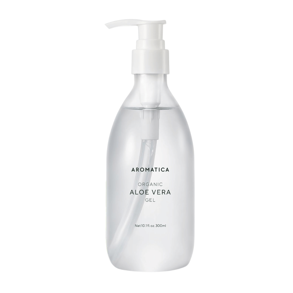 1. AROMATICA Organic Aloe Vera Gel 300 ml – zdjęcie produktu z butelką z pompką