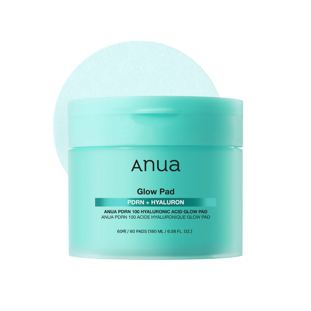 Anua PDRN 100 Hyaluronic Acid Glow Pad w turkusowym opakowaniu z podniesionym padem – nawilżające tonikowe płatki do codziennego nawilżania i blasku.