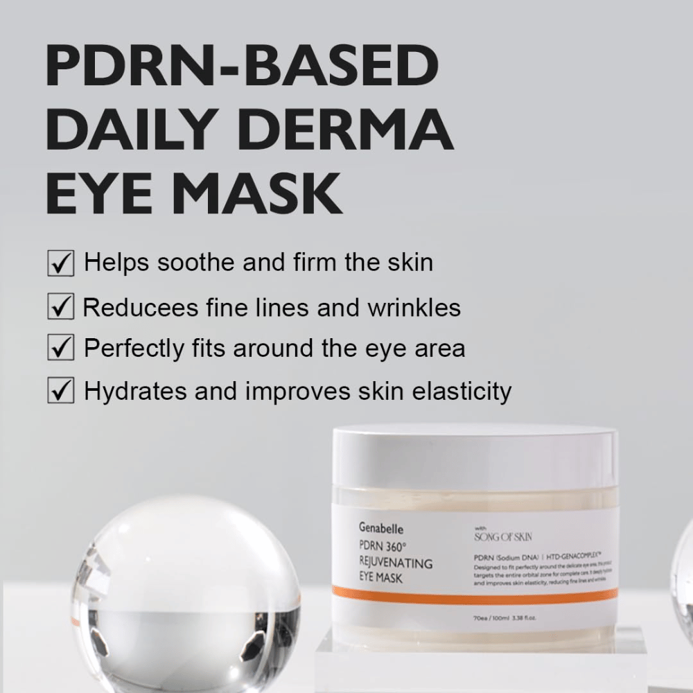 Genabelle PDRN 360° Rejuvenating Eye Mask z PDRN, która nawilża, koi skórę i pomaga zmniejszyć widoczność drobnych linii i zmarszczek.
