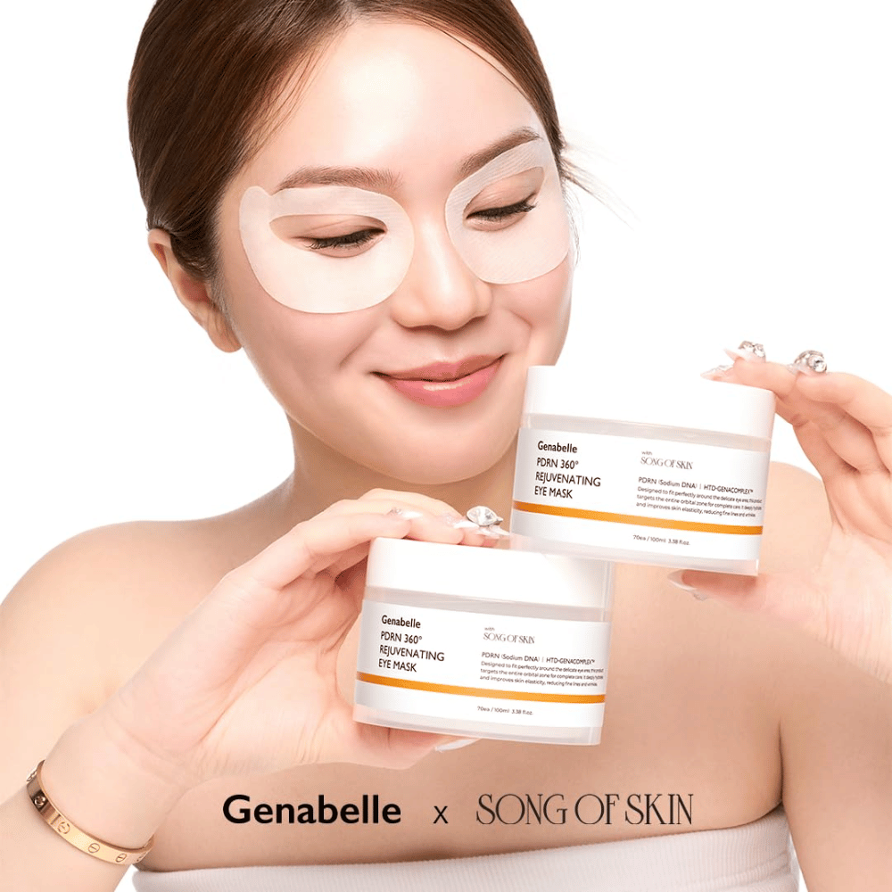 Genabelle PDRN 360° Rejuvenating Eye Mask nałożona wokół całej okolicy oczu dla nawilżenia, zwiększonej elastyczności i świeższego spojrzenia.