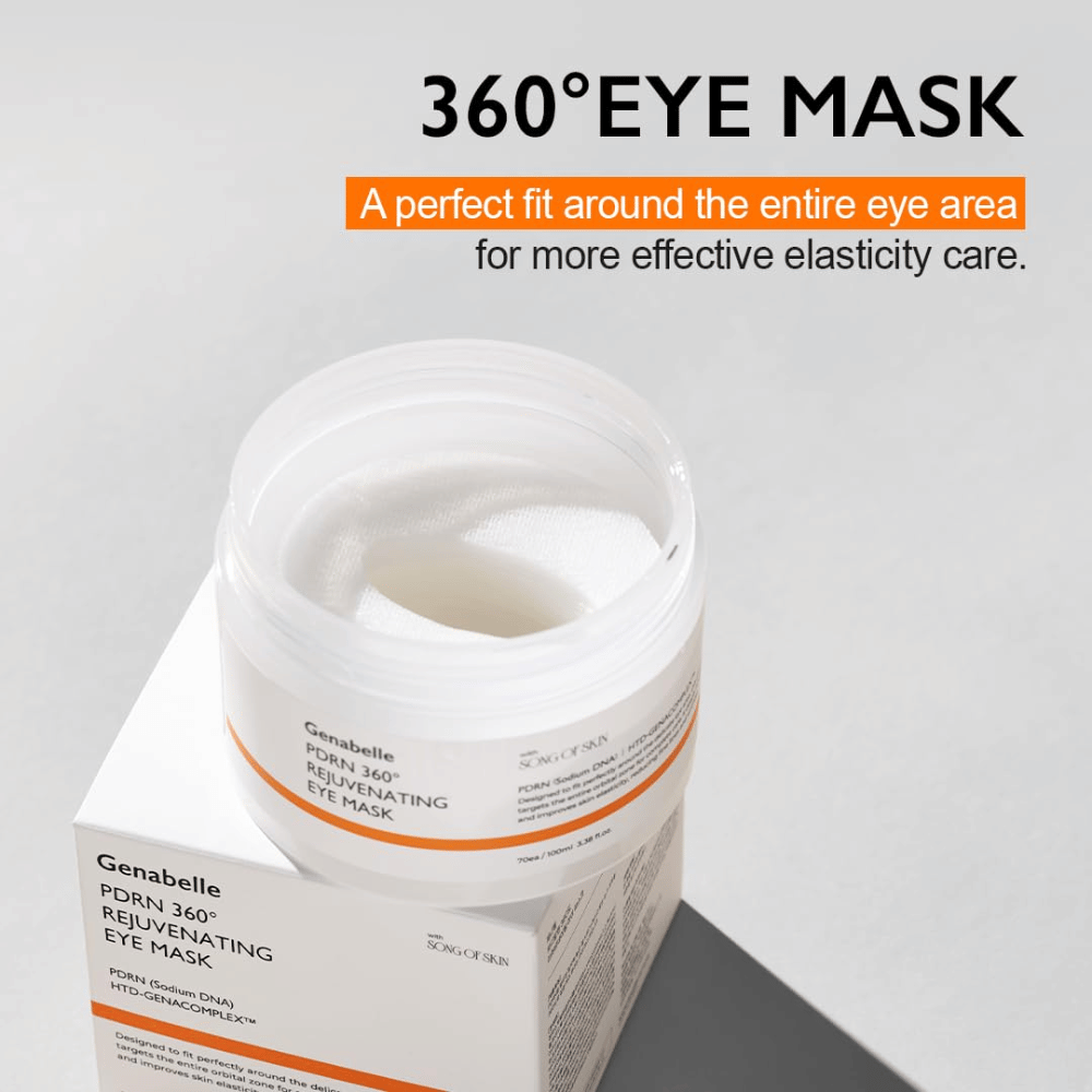 Genabelle PDRN 360° Rejuvenating Eye Mask o dopasowaniu 360 stopni, która obejmuje całą okolicę oczu, zapewniając skuteczną pielęgnację i poprawę elastyczności.