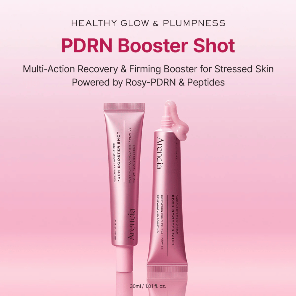 Zdjęcie produktu Arencia PDRN Booster Shot w różowej tubce wraz z otwartym aplikatorem. Nacisk położony jest na glow, pełniejszą skórę i regenerującą pielęgnację z PDRN i peptydami.