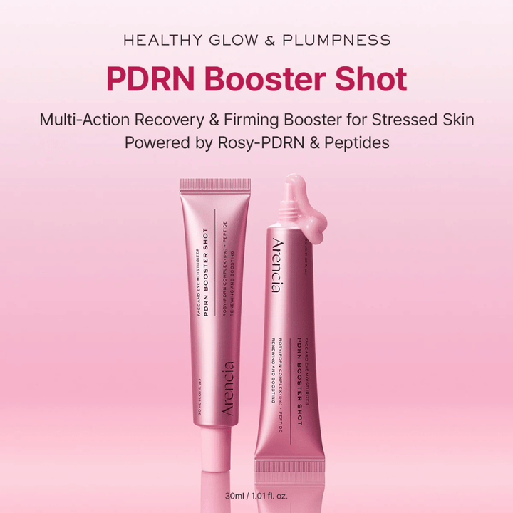 Zdjęcie produktu Arencia PDRN Booster Shot w różowej tubce wraz z otwartym aplikatorem. Nacisk położony jest na glow, pełniejszą skórę i regenerującą pielęgnację z PDRN i peptydami.