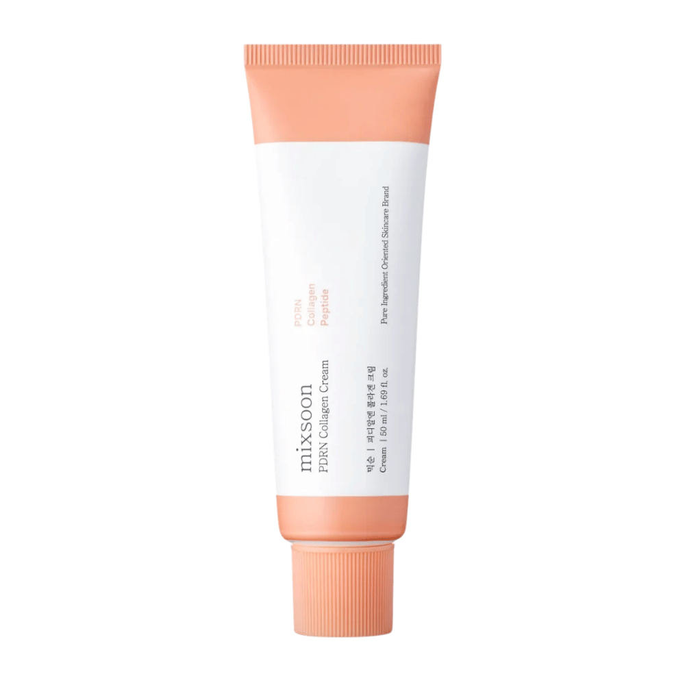 Mixsoon PDRN Collagen Cream w białej i brzoskwiniowej tubce, 50 ml. Nawilżający i wzmacniający kolagen krem do gładkiej i młodzieńczej skóry.