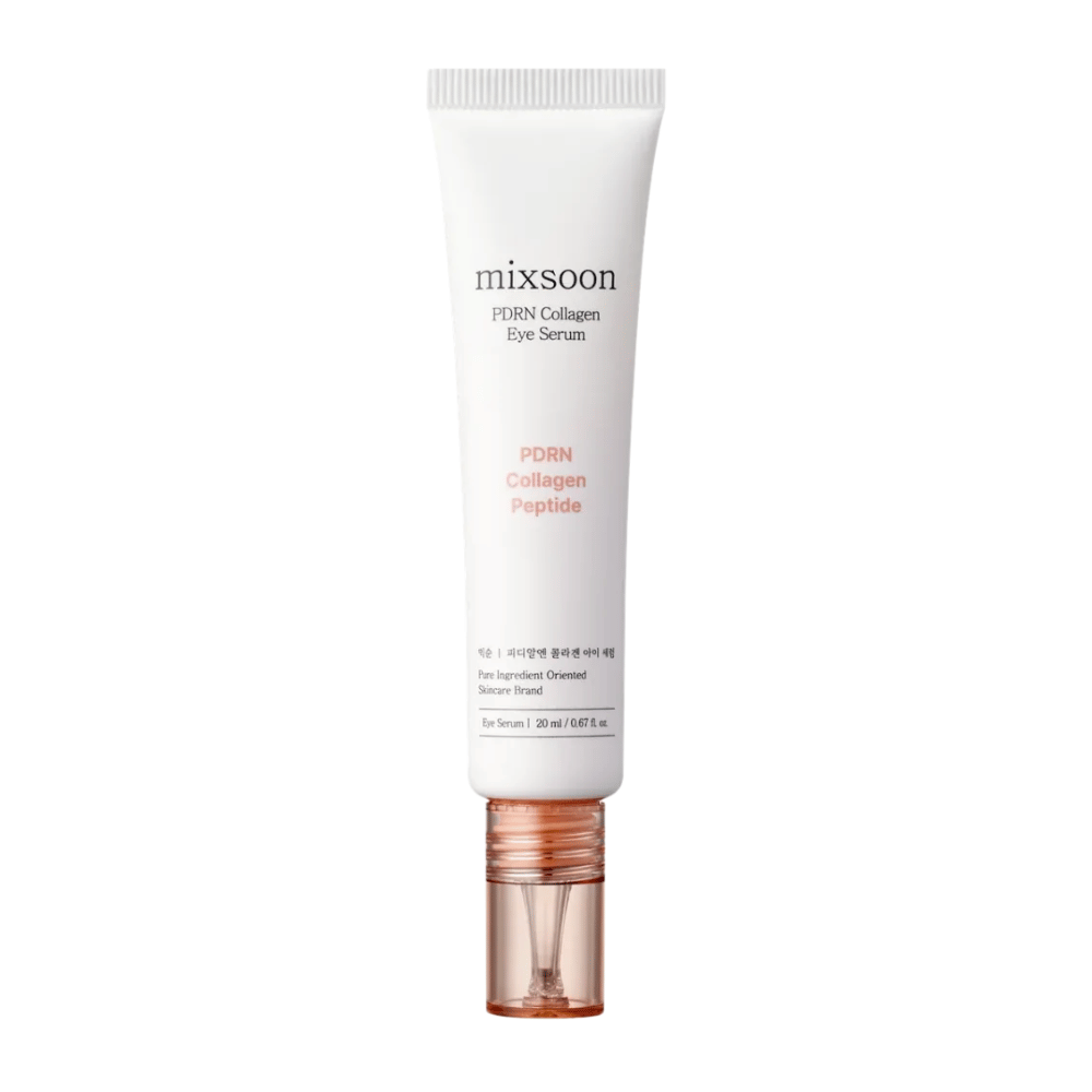 Mixsoon PDRN Collagen Eye Serum w białej i brzoskwiniowej tubie z przezroczystym aplikatorem. Nawilżające i ujędrniające serum do oczu, 20 ml.