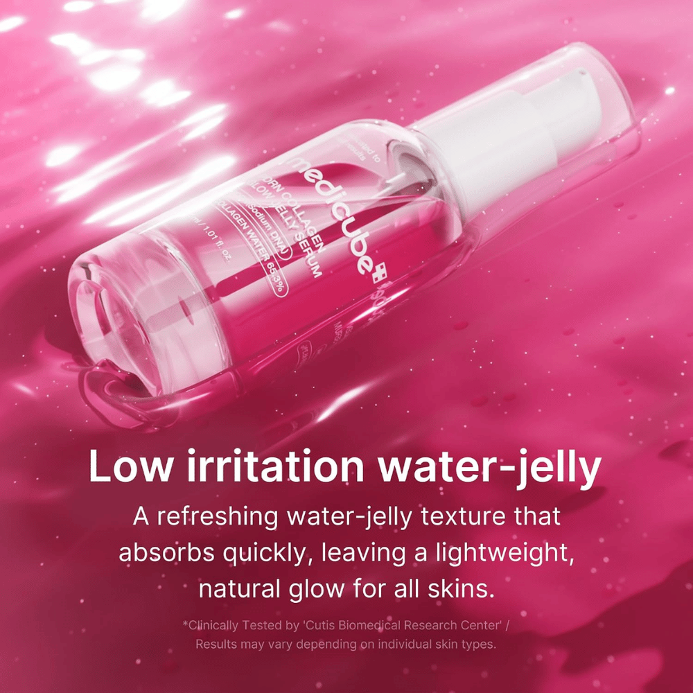 Medicube PDRN Collagen Glow Jelly Serum o lekkiej wodno-żelowej konsystencji, która szybko się wchłania i nadaje blask