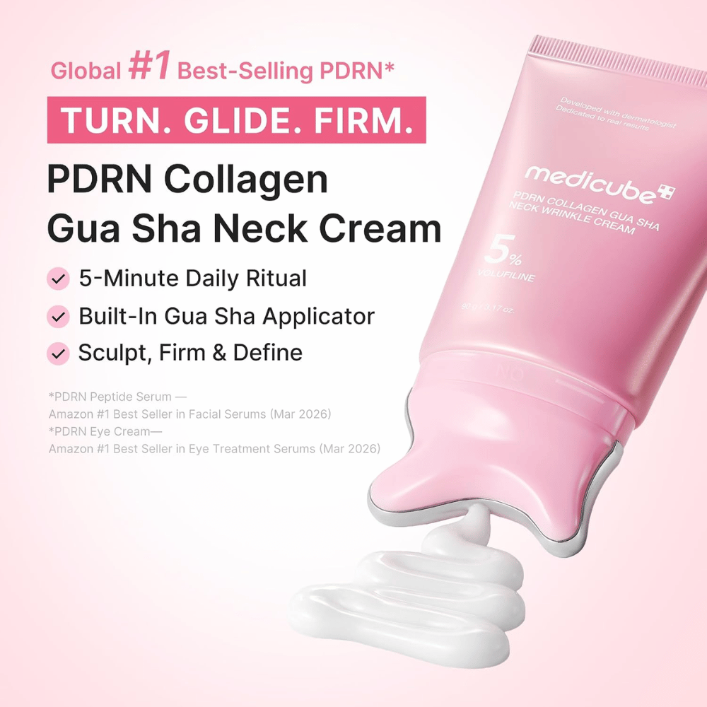 5. Medicube PDRN Collagen Gua Sha Neck Wrinkle Cream – różowy krem do szyi z aplikatorem gua sha i kremową konsystencją
