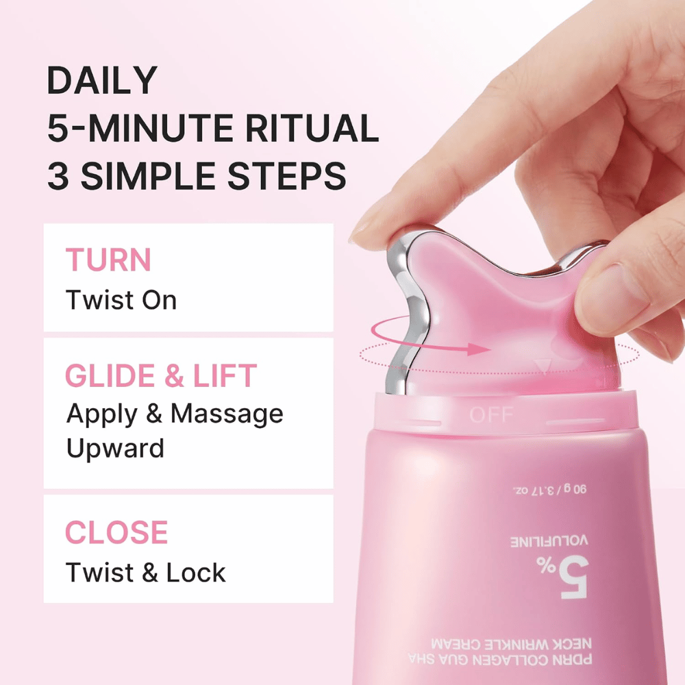 1. Medicube PDRN Collagen Gua Sha Neck Wrinkle Cream – aplikacja i masaż w trzech prostych krokach