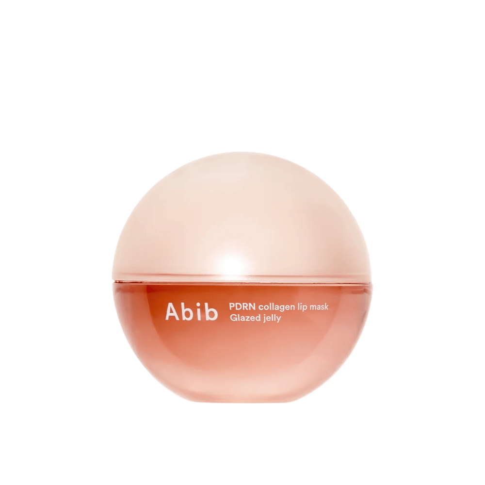 Różowy okrągły słoik z napisem "Abib PDRN Collagen Lip Mask Glazed Jelly" z przodu, sfotografowany na białym tle.