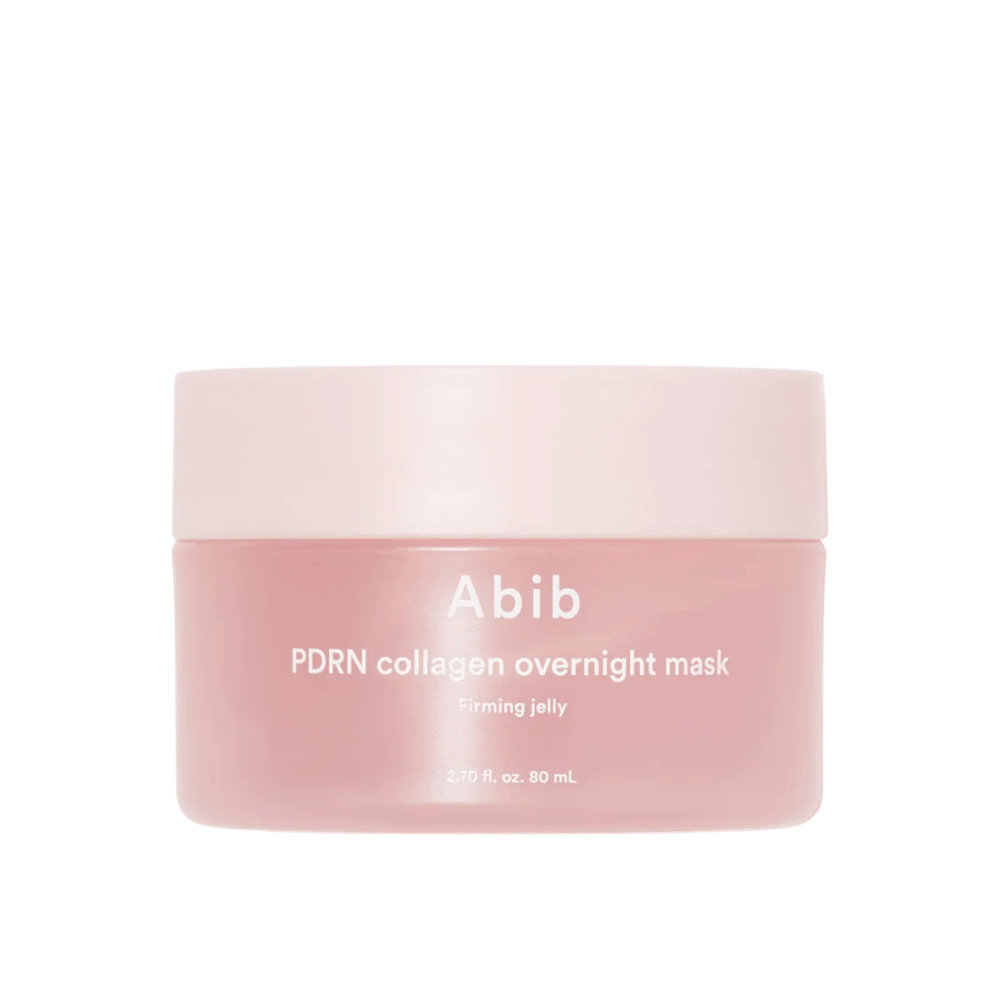Minimalistyczne zdjęcie produktowe Abib PDRN Collagen Overnight Mask w różowym słoiczku, z naciskiem na design i nazwę produktu na jasnym tle.