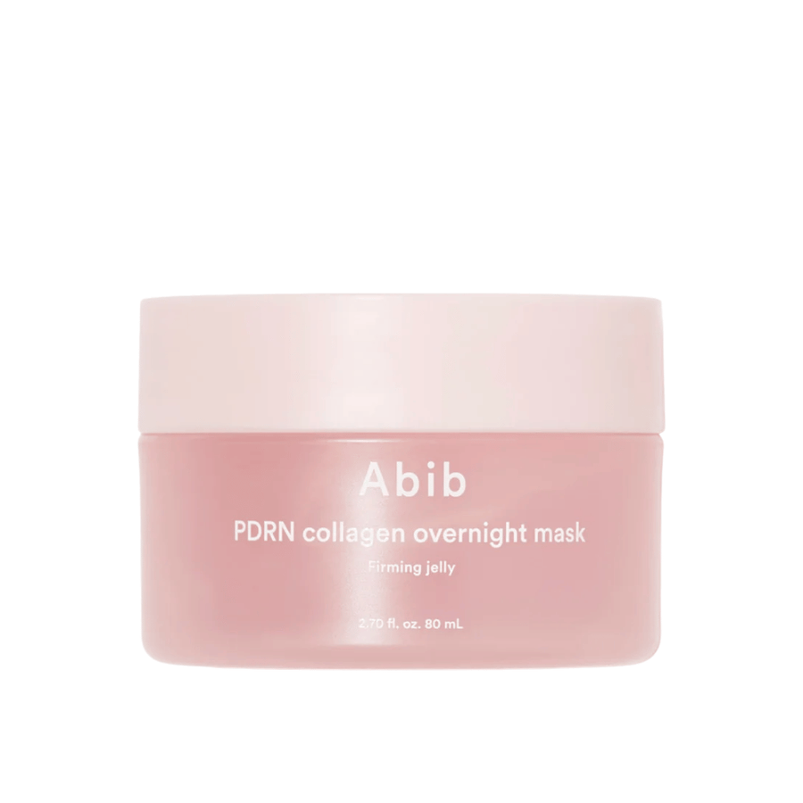 Minimalistyczne zdjęcie produktowe Abib PDRN Collagen Overnight Mask w różowym słoiczku, z naciskiem na design i nazwę produktu na jasnym tle.