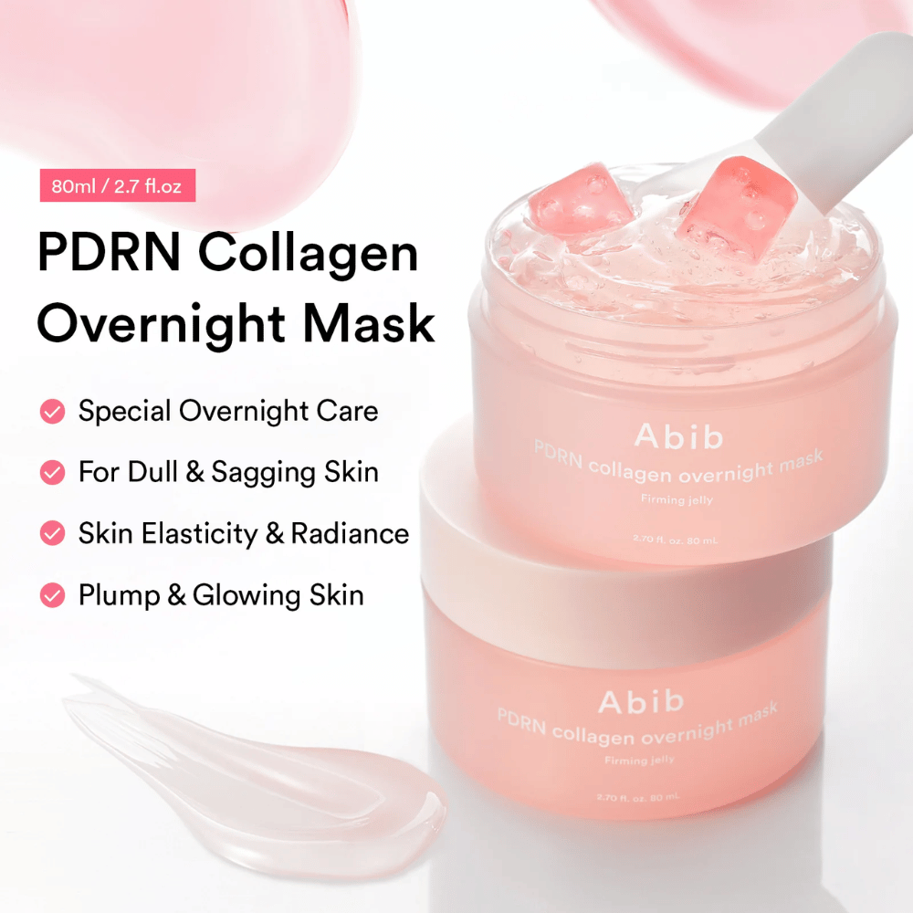 Zdjęcie produktowe Abib PDRN Collagen Overnight Mask z różową żelową teksturą i silikonową szpatułką, podkreślające nawilżające i rozświetlające właściwości maski na noc.