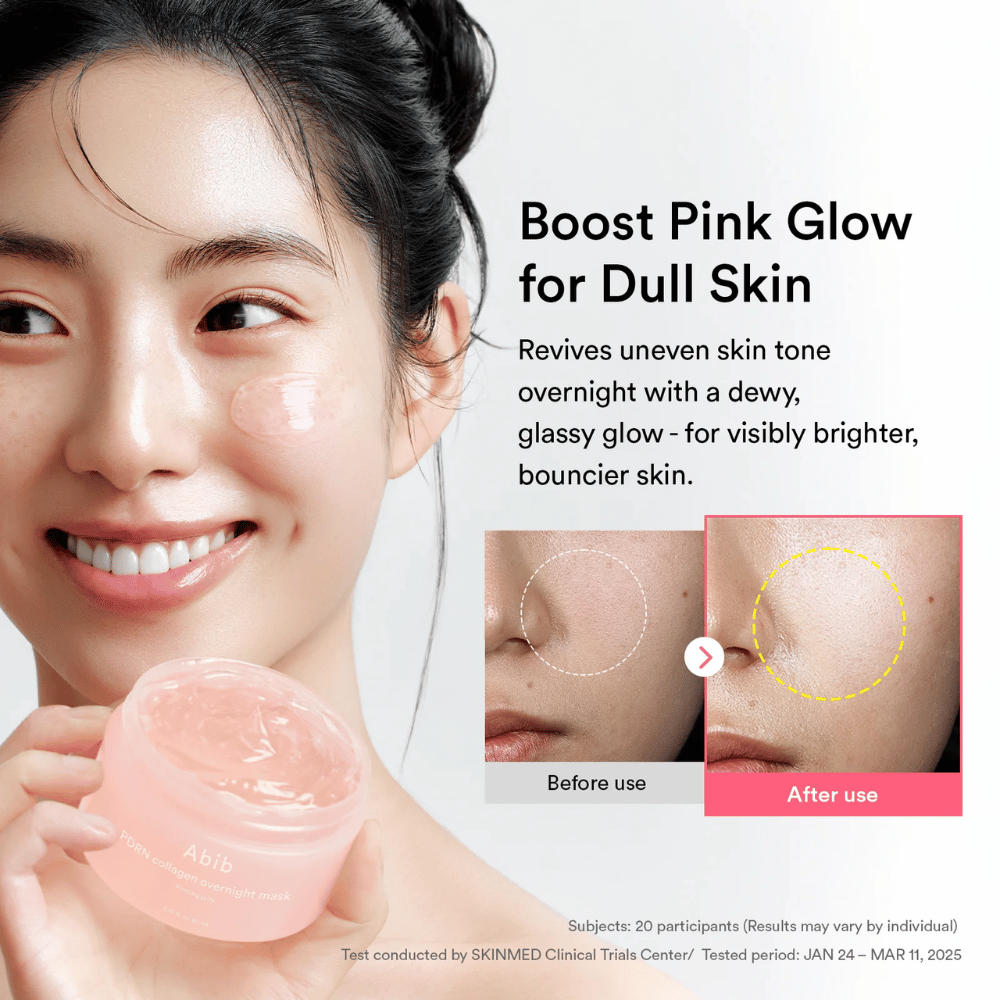 Modelka trzymająca Abib PDRN Collagen Overnight Mask wraz z ilustracją przed i po, pokazującą glow i bardziej wyrównany koloryt skóry po użyciu przez noc.