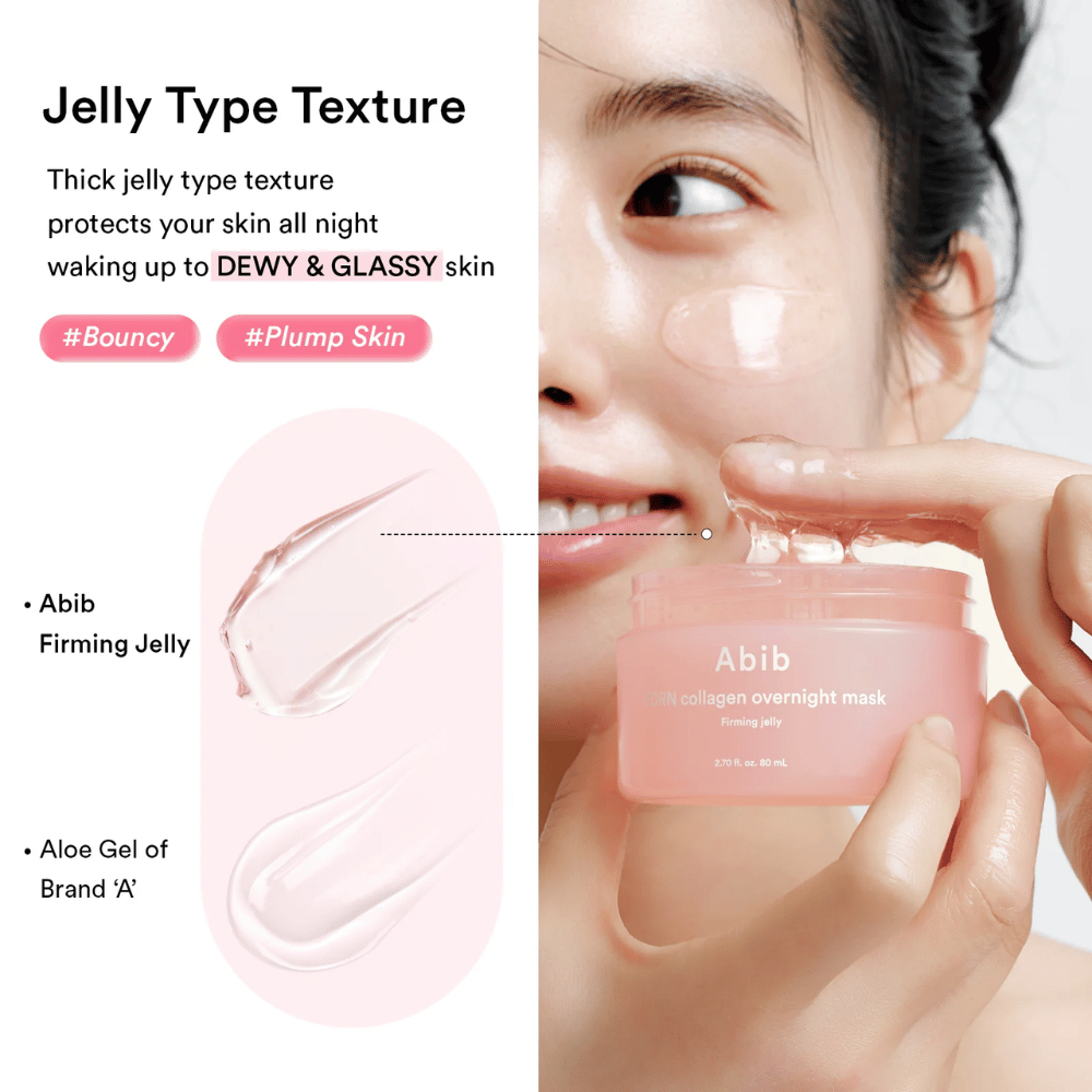 Zbliżenie na żelową konsystencję Abib PDRN Collagen Overnight Mask, ukazujące bogatą i błyszczącą teksturę stworzoną dla nawilżonej i pełnej blasku skóry.
