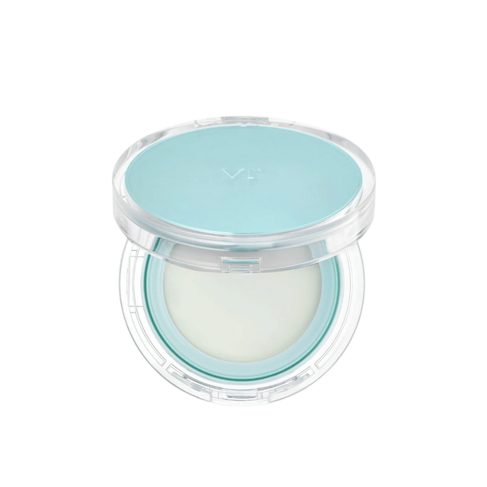 Otwarty słoik z VT PDRN Essence Glow Sun Pact. Ma białą wewnętrzną powierzchnię z niebieską pokrywką, zaprojektowaną tak, aby dawać promienny efekt na skórze.