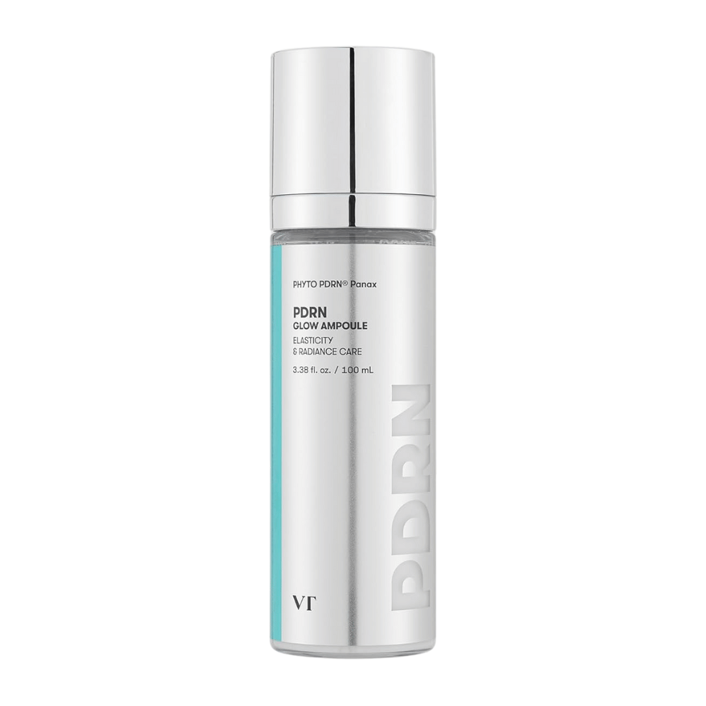 VT PDRN Glow Ampoule w srebrnej butelce z pompką, oznaczenie wskazujące zawartość 100 ml. Produkt został zaprojektowany dla elastyczności i promiennej skóry, z tekstem "PHYTO PDRN® Panax" i "Elasticity & Radiance Care".