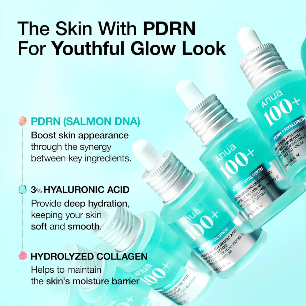 Anua PDRN Hyaluronic Acid Capsule 100 Serum to potężny produkt do pielęgnacji skóry zawierający PDRN (DNA łososia) w celu poprawy wyglądu skóry, 3% kwas hialuronowy dla głębokiego nawilżenia i hydrolizowany kolagen, aby wzmocnić barierę wilgoci skóry. Idealny dla młodzieńczego blasku!