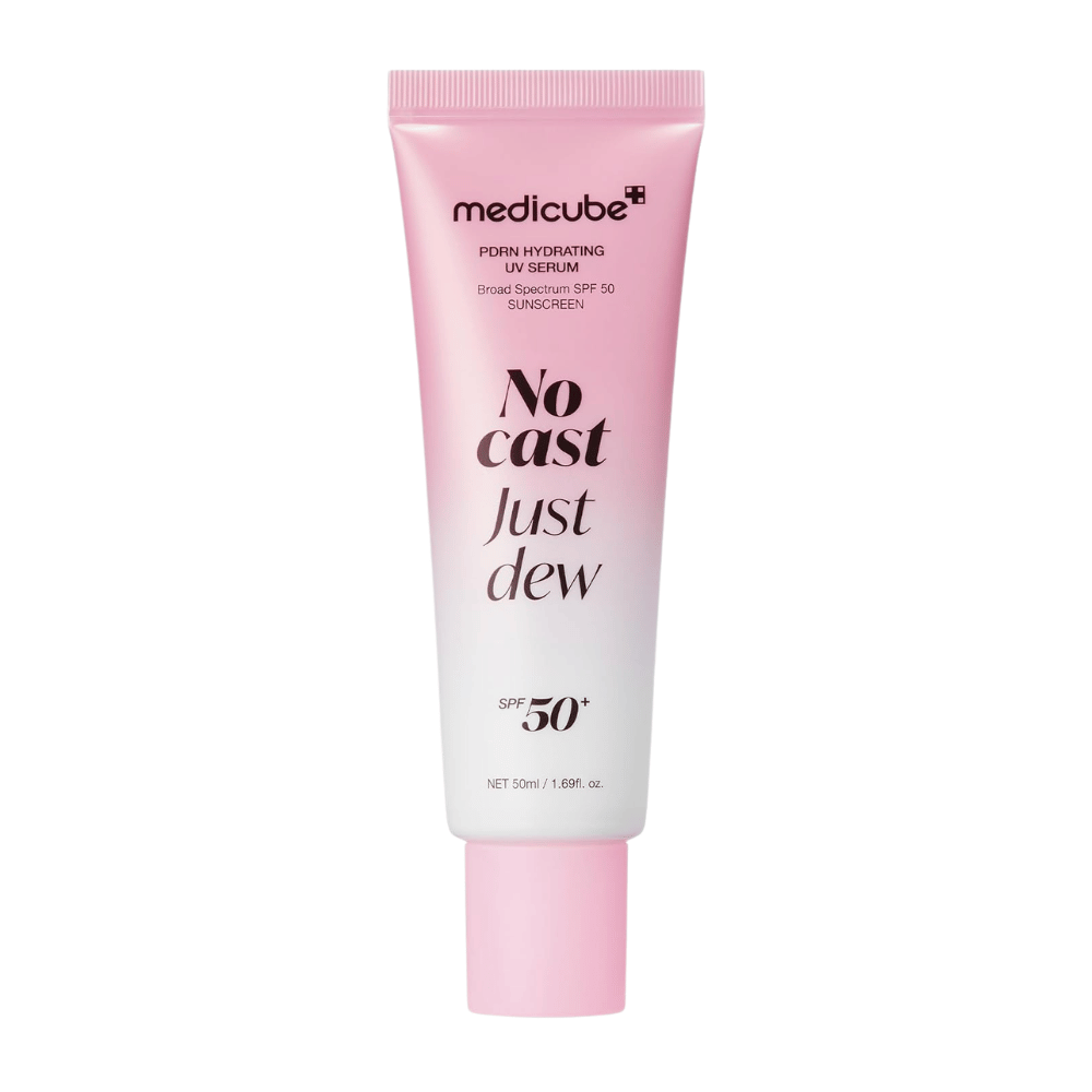6. Medicube PDRN Hydrating UV Serum SPF 50+ 50 ml – różowa i biała tubka z nawilżającym kremem przeciwsłonecznym do twarzy