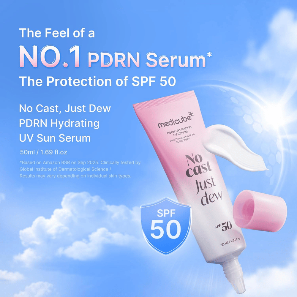 5. Medicube PDRN Hydrating UV Serum SPF 50+ 50 ml – lekkie nawilżające serum przeciwsłoneczne z wysoką ochroną UV i rozświetlającym wykończeniem