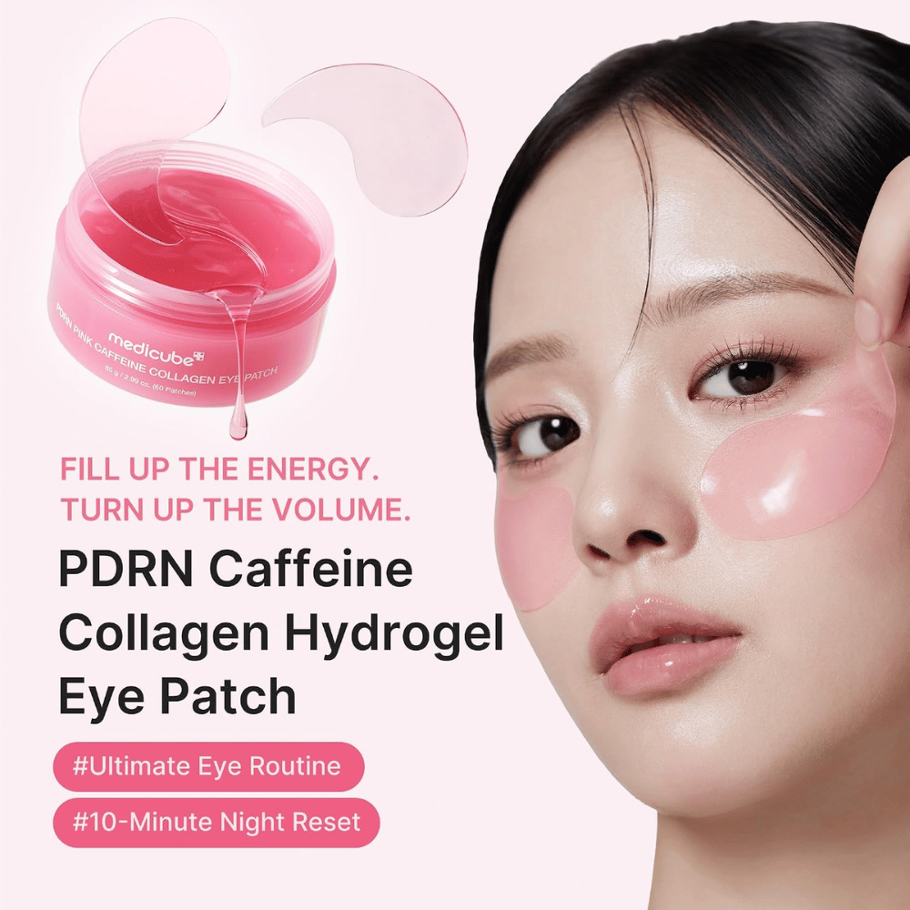 4. Medicube PDRN Pink Caffeine Collagen Eye Patch – nawilżające różowe hydrożelowe maski pod oczy, które nadają skórze blask