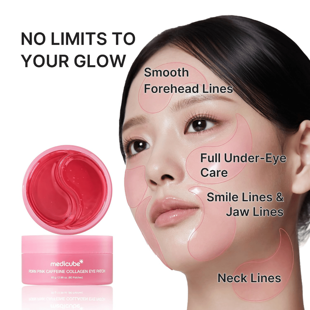 1. Medicube PDRN Pink Caffeine Collagen Eye Patch – hydrożelowe maski na drobne linie wokół oczu, na czoło, linię żuchwy i szyję