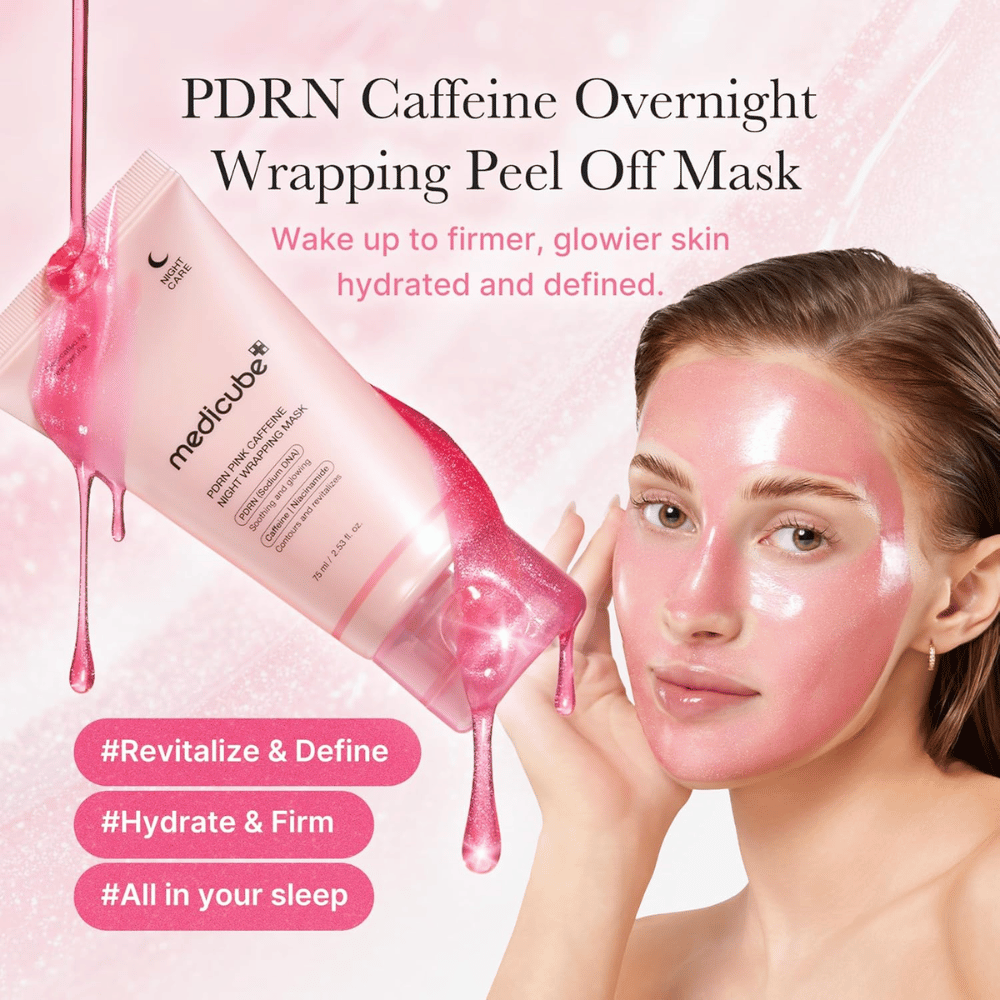 Medicube PDRN Pink Caffeine Night Wrapping Mask – różowa maska peel-off na noc z PDRN i kofeiną dla nawilżenia, blasku i uczucia jędrniejszej skóry.