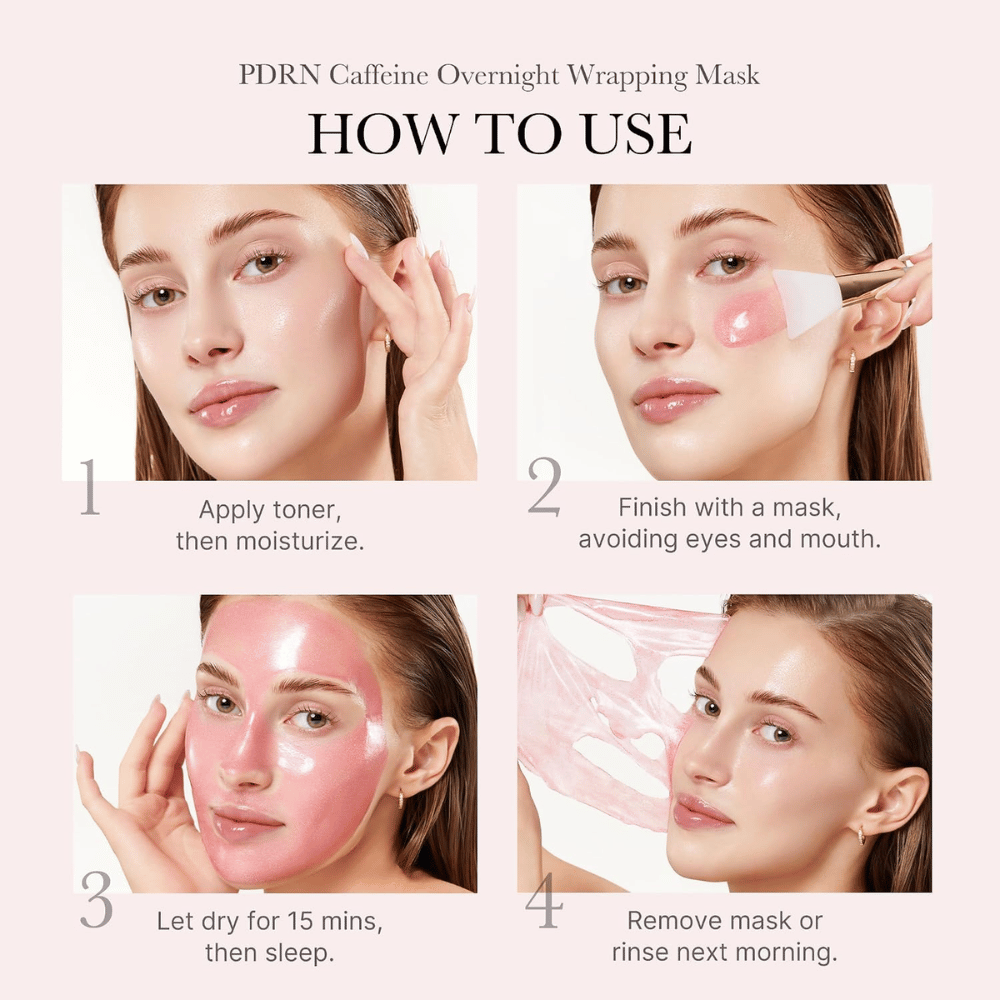 Jak używać Medicube PDRN Pink Caffeine Night Wrapping Mask – nałóż wieczorem, pozostaw do wyschnięcia i usuń maskę rano.