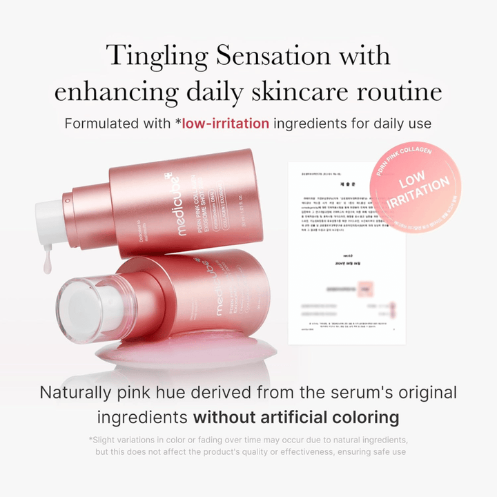 Medicube PDRN Pink Collagen Exosome Shot 2000 z informacją o niskim poziomie podrażnień. Produkt ma naturalny różowy kolor pochodzący ze składników i został opracowany do codziennego stosowania, zapewniając delikatne odczucie na skórze.