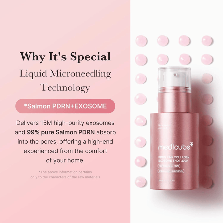 Medicube PDRN Pink Collagen Exosome Shot 2000 w różowej butelce. Obraz podkreśla technologię płynnego mikronakłuwania z egzosomami i PDRN z łososia, aby wspierać blask, elastyczność i wchłanianie przez skórę.