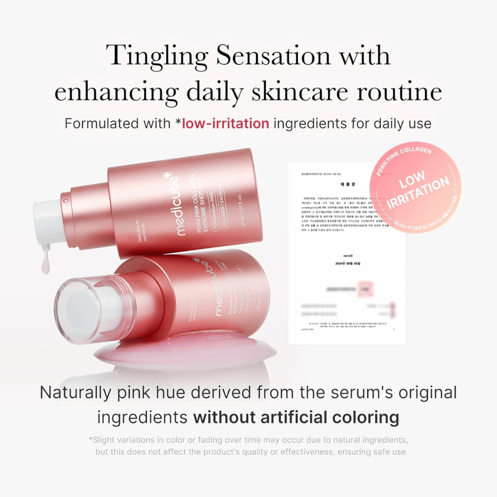Medicube PDRN Pink Collagen Exosome Shot 7500 przedstawiony z naciskiem na niskie podrażnienie. Serum ma naturalnie różowy odcień pochodzący ze składników i zostało opracowane tak, aby dawać uczucie mrowienia wspierające rutynę pielęgnacyjną.