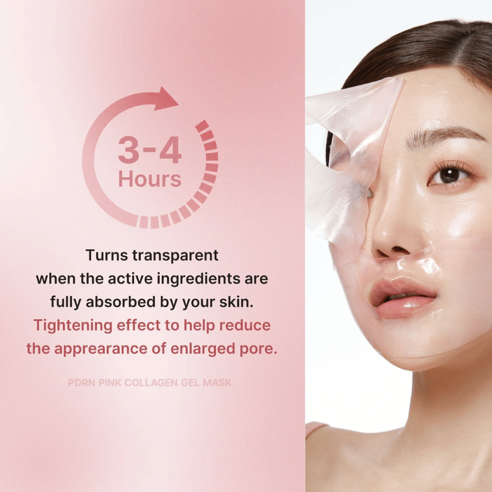 Medicube PDRN Pink Collagen Gel Mask z instrukcją noszenia maski przez 3-4 godziny, aż stanie się przezroczysta. Maska absorbuje aktywne składniki i napina skórę, aby zmniejszyć widoczne pory.